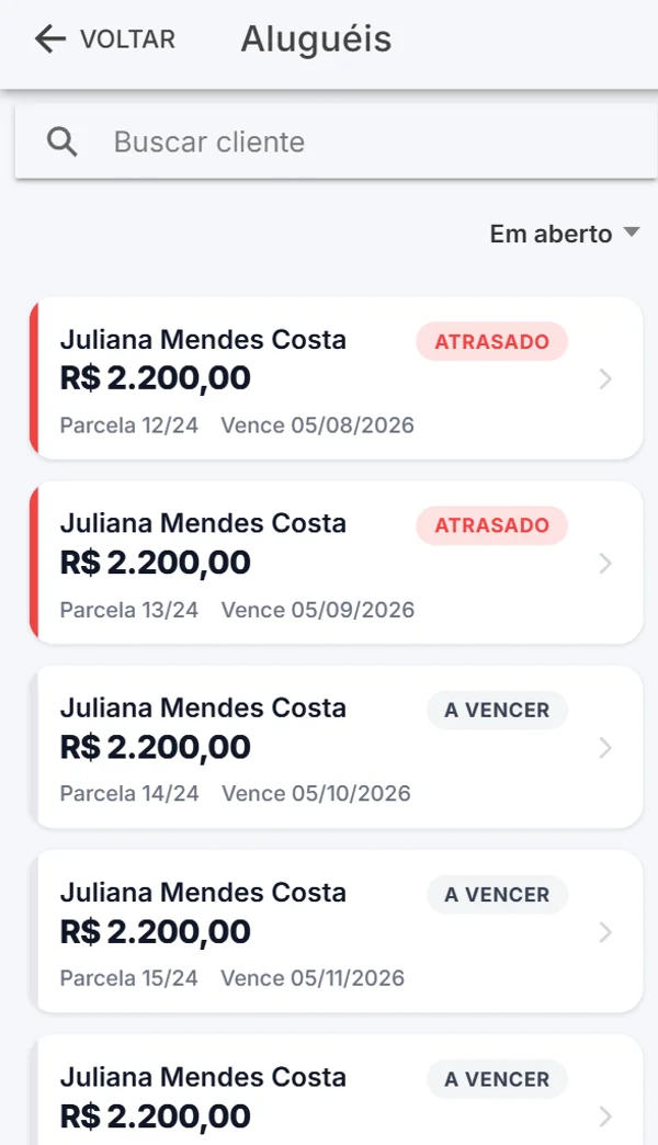 Aluguéis em aberto no Aluguel Fácil, com parcelas atrasadas e a vencer