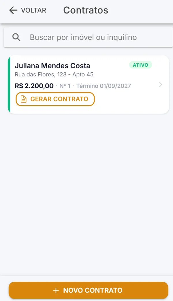 Contratos do Aluguel Fácil com inquilino, imóvel, valor, término e botão para gerar o contrato