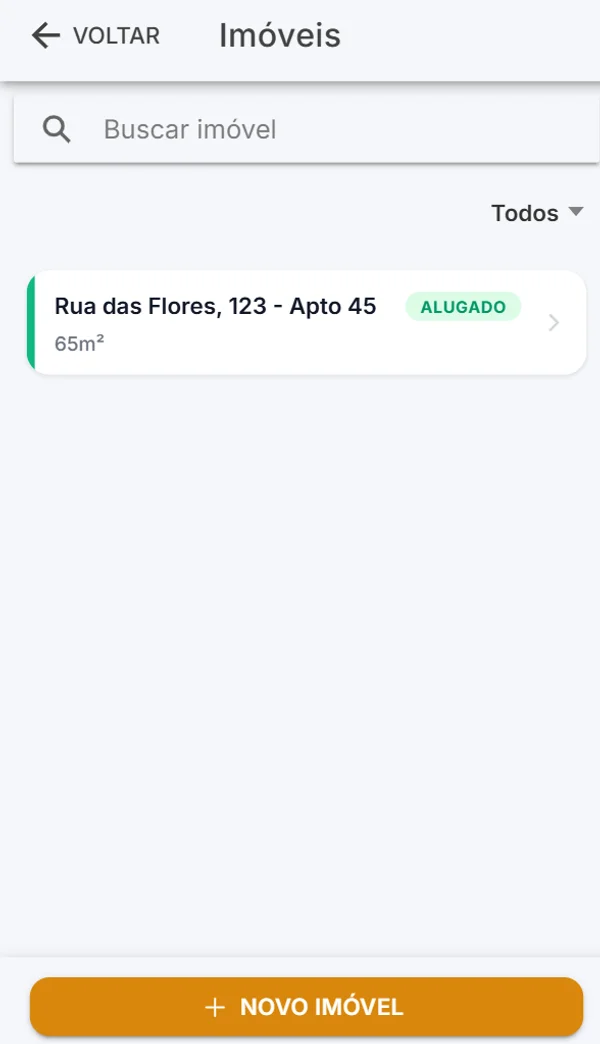Lista de imóveis do Aluguel Fácil com endereço, metragem e situação de cada um