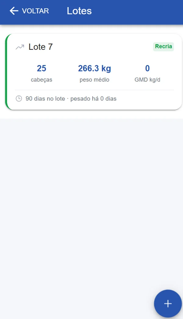 Lotes de engorda no Rebanho Fácil com cabeças, peso médio e ganho médio diário