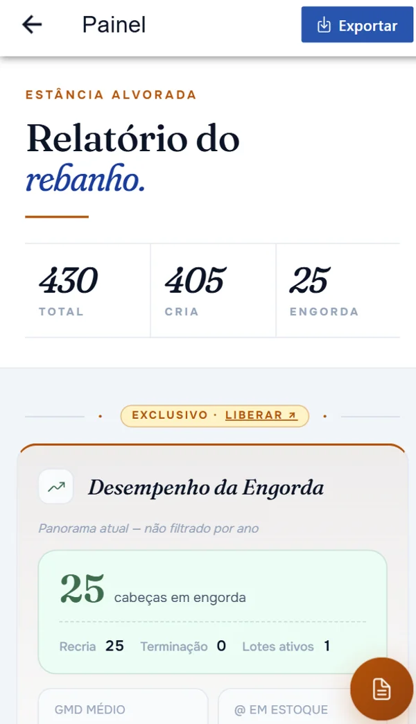 Relatório do rebanho no Rebanho Fácil com totais de cria, engorda e desempenho