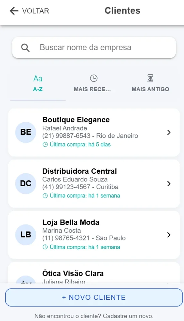 Lista de clientes do Venda Fácil com contato, cidade e data da última compra